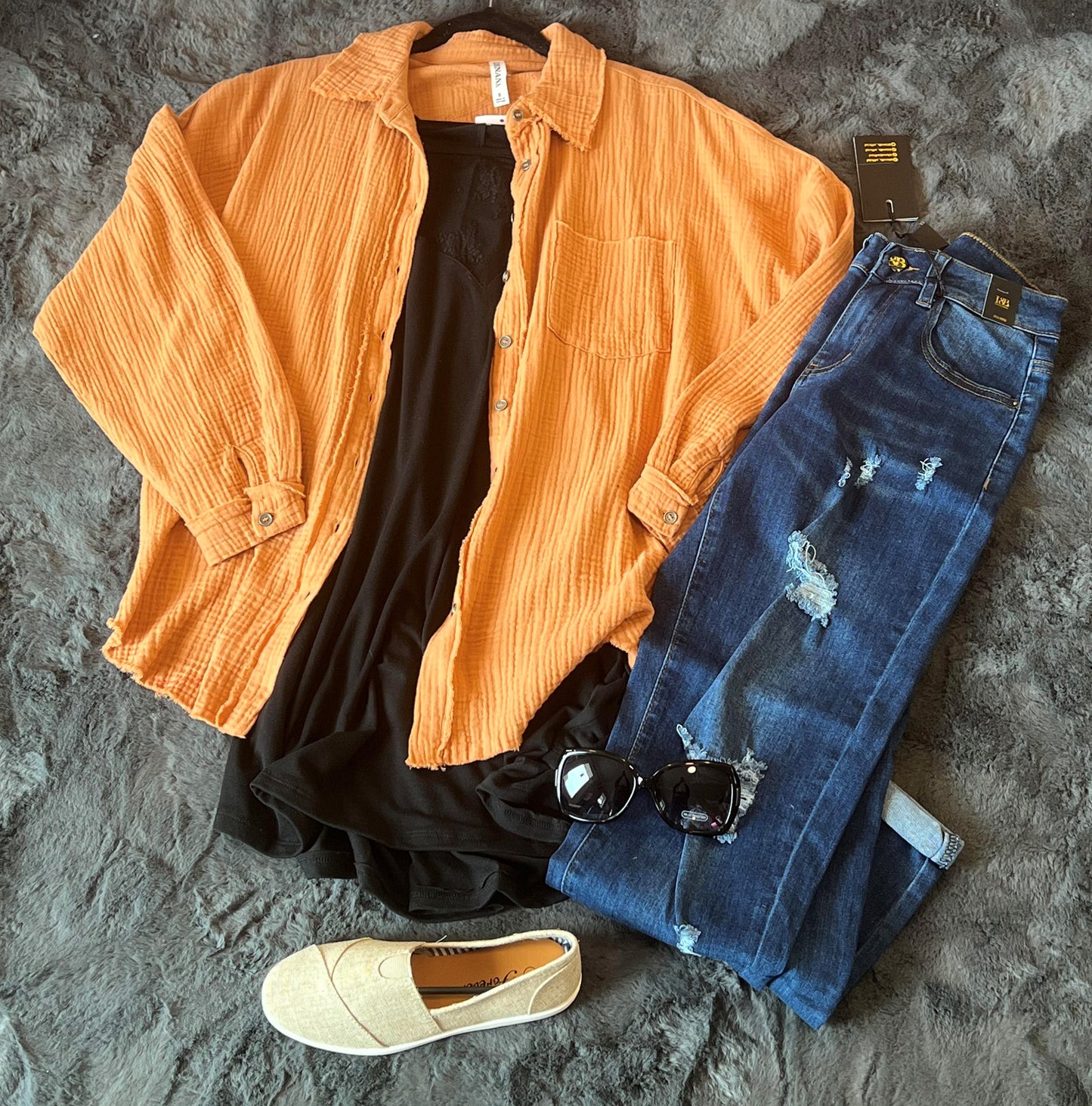 Women's Butter Orange Double Gauze Oversized Raw Edge Long Sleeve Top