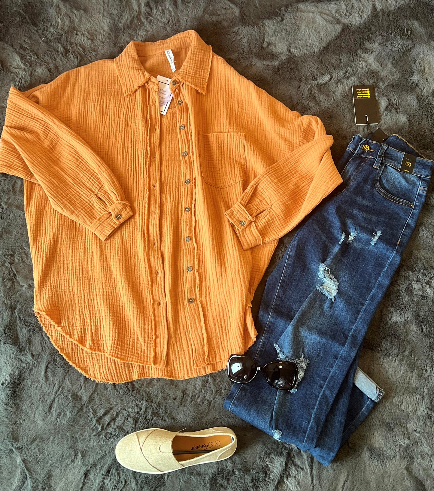 Women's Butter Orange Double Gauze Oversized Raw Edge Long Sleeve Top