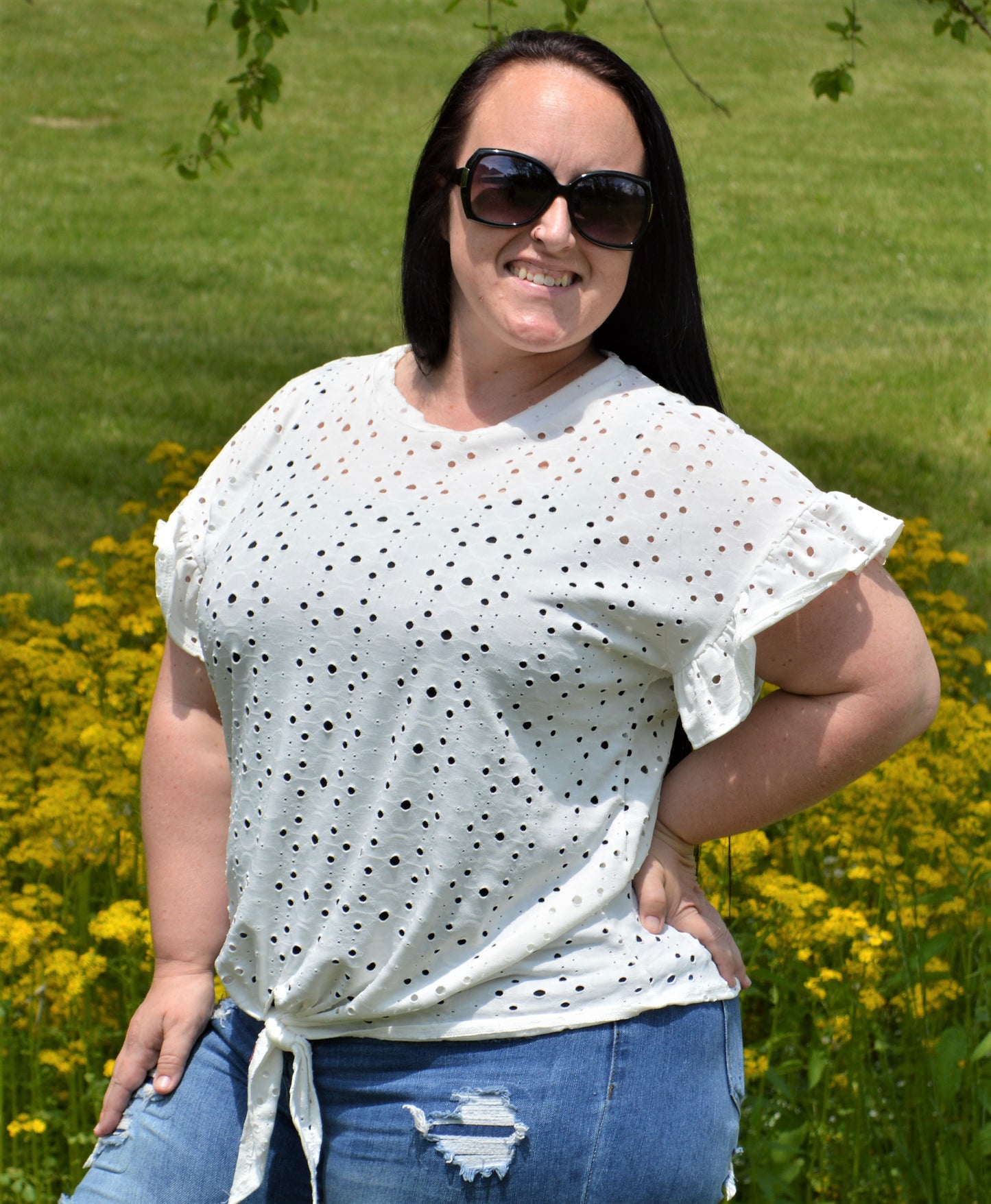 Women's Ivory Eyelet Flutter Sleeve Top