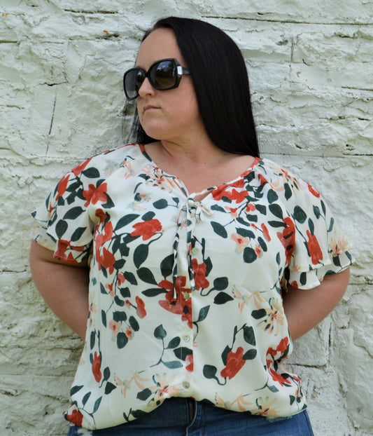 Women's Ivory Button Floral Top
